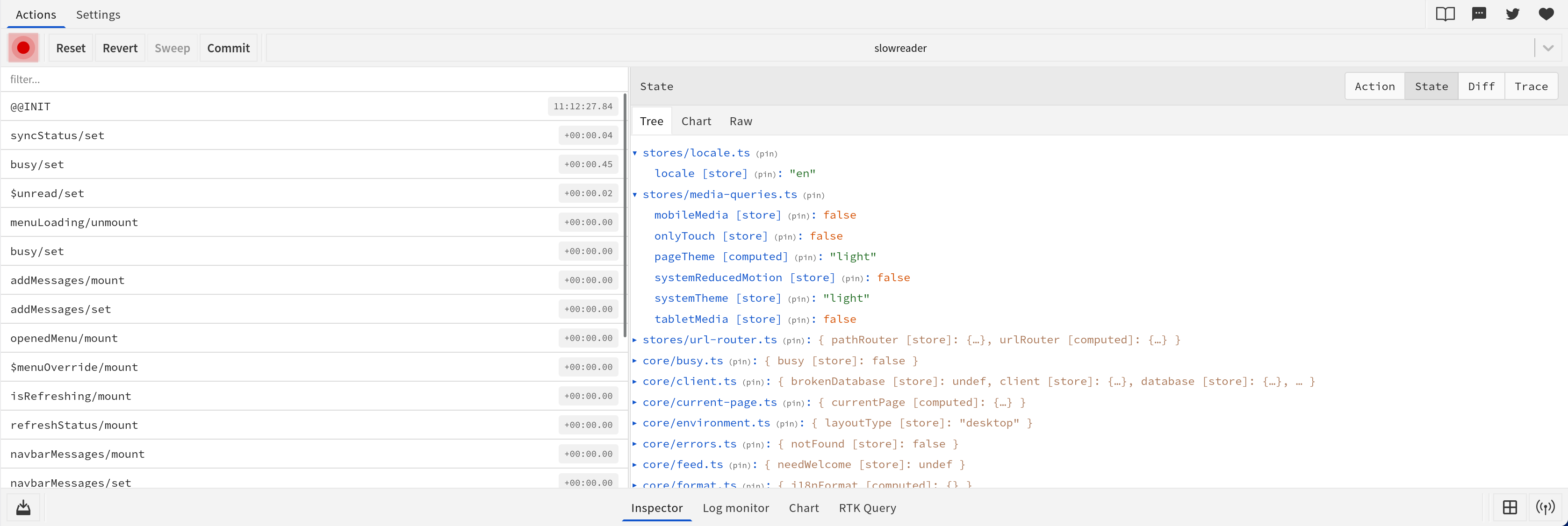 Redux DevTools showing nanostores state. The left column lists actions such as syncStatus/set and addMessages/mount. The right pane shows a tree grouped by source file, where stores/media-queries.ts holds mobileMedia, pageTheme and other stores with their values.